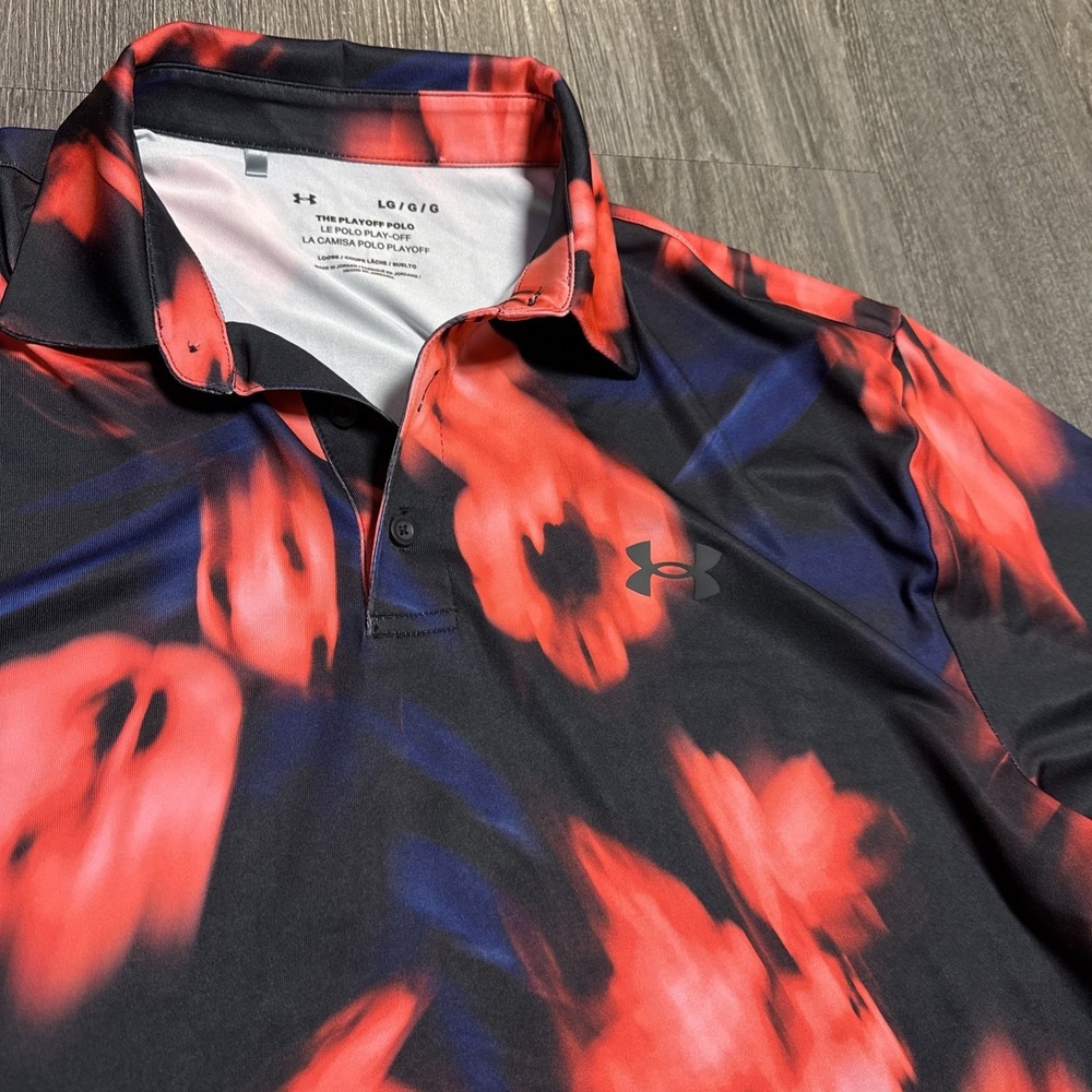 Under Armour Playoff Polo Mens Large Black Red Blue Floral Golf Shirt Stretch